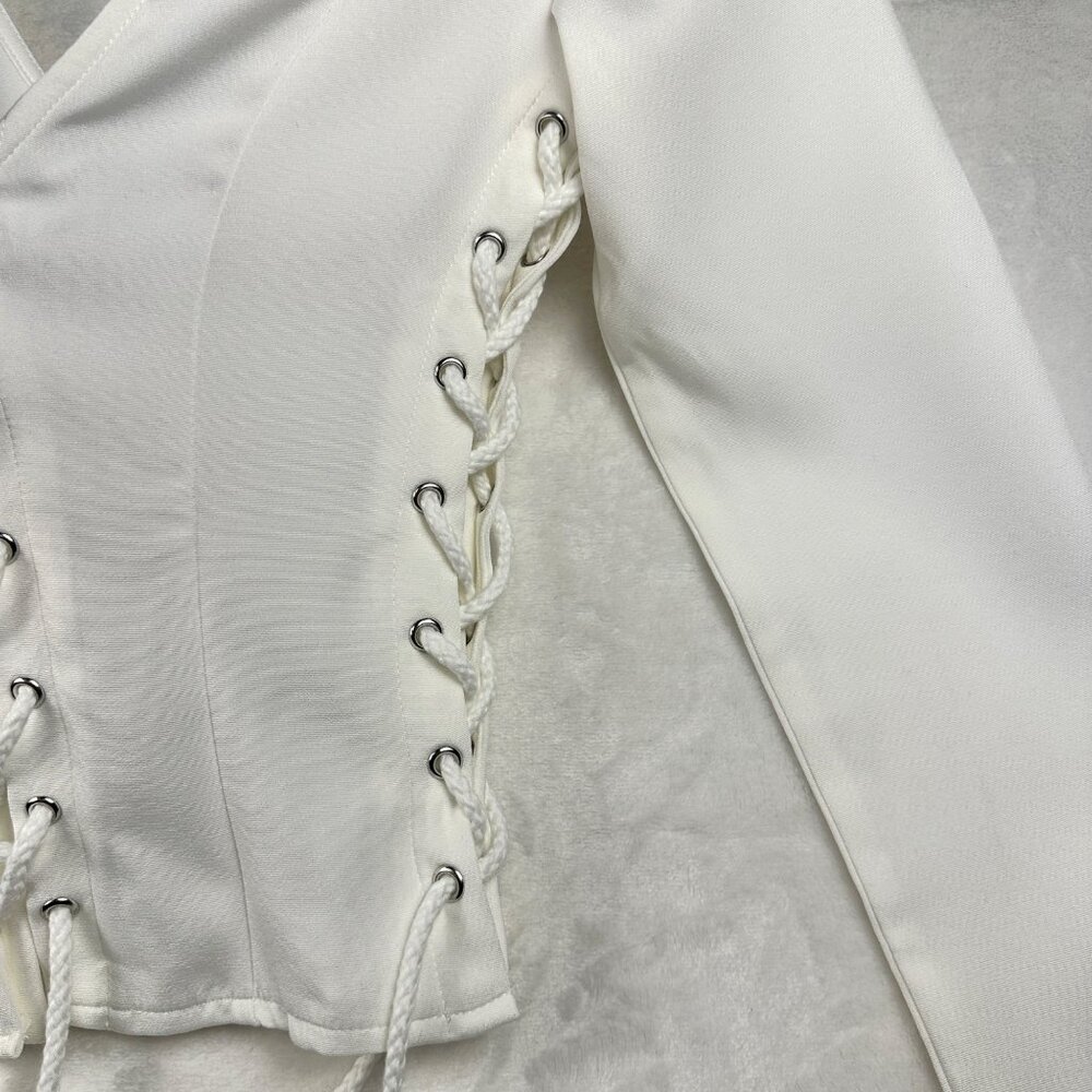 PLT WOMENS TOP SIZE 2 CREAM WOVEN LACE UP PLUNGE DETAIL LONG SLEEVE SEXY TOP NWT - Picture 6 of 12